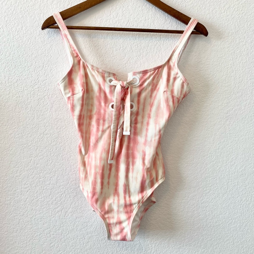 Michael Kors Tie-Dye Lace-Up One-Piece Swimsuit pink and ivory womens size 10